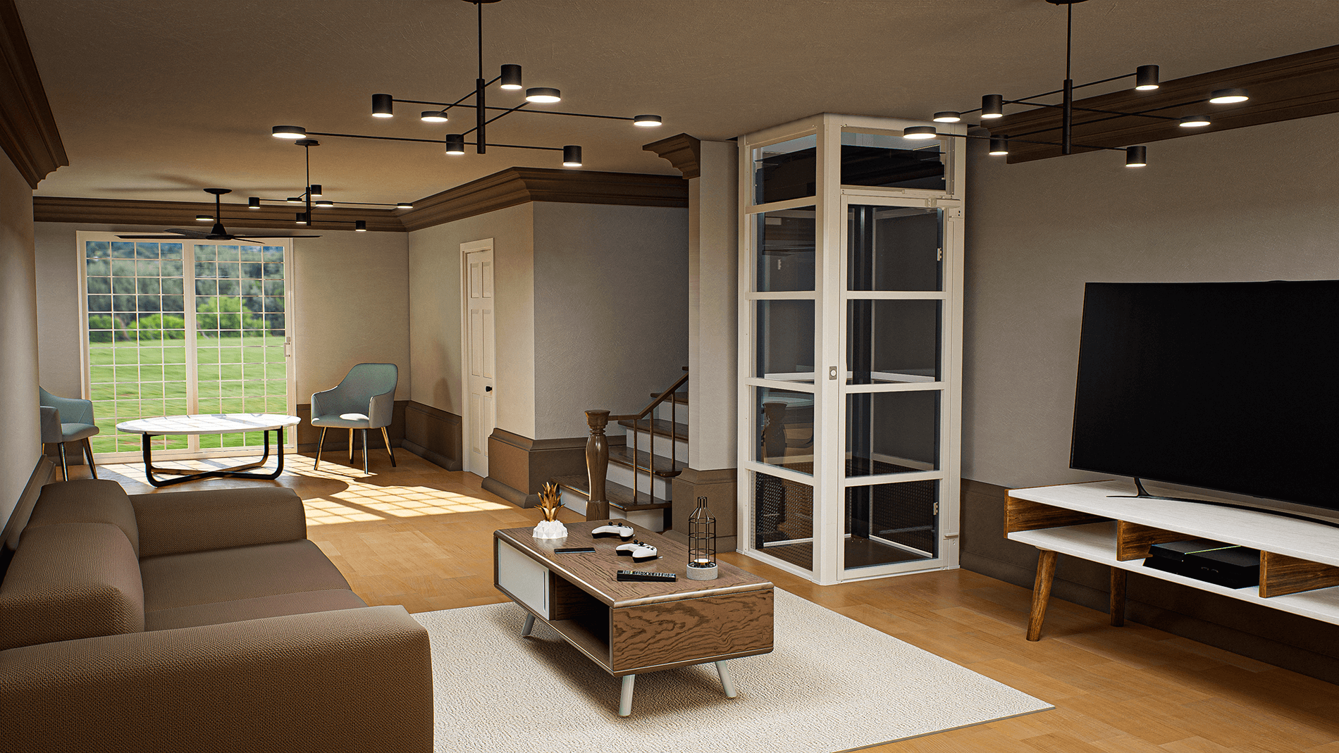 A modern living room with brown sofa, glass-enclosed home elevator, TV stand, coffee table, and large window to a yard.