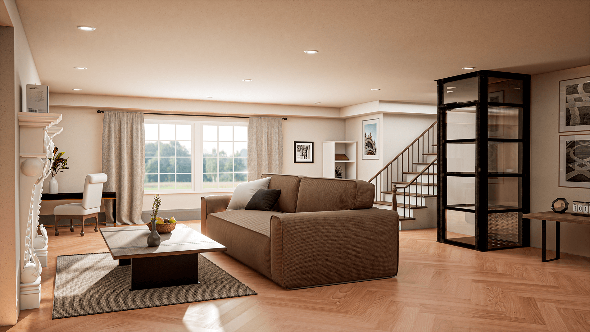 Living room with a brown sofa, coffee table, desk, staircase, and a glass-enclosed elevator on a herringbone floor.