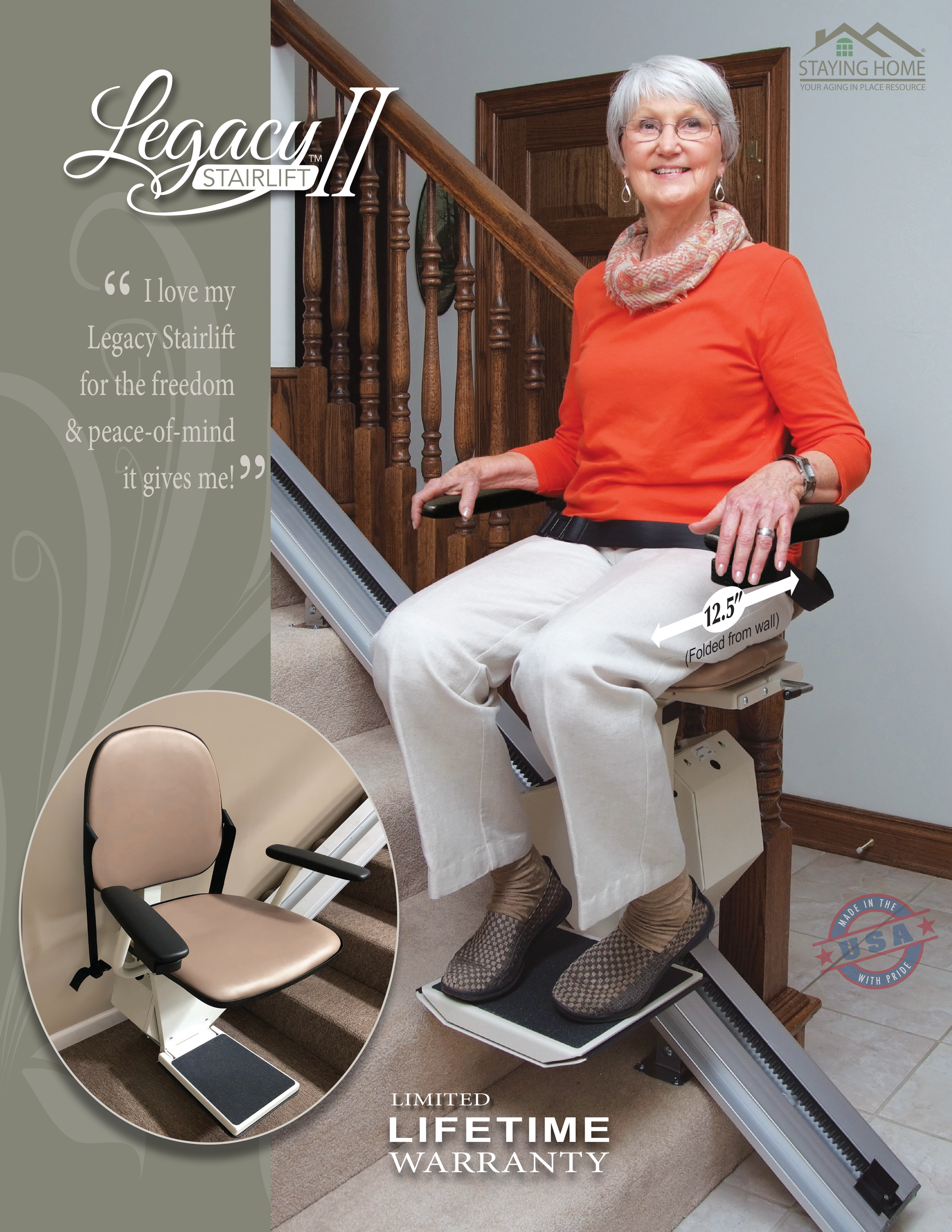 A Legacy II stairlift installed on a wooden staircase with an inset view of the chair and a lifetime warranty label.