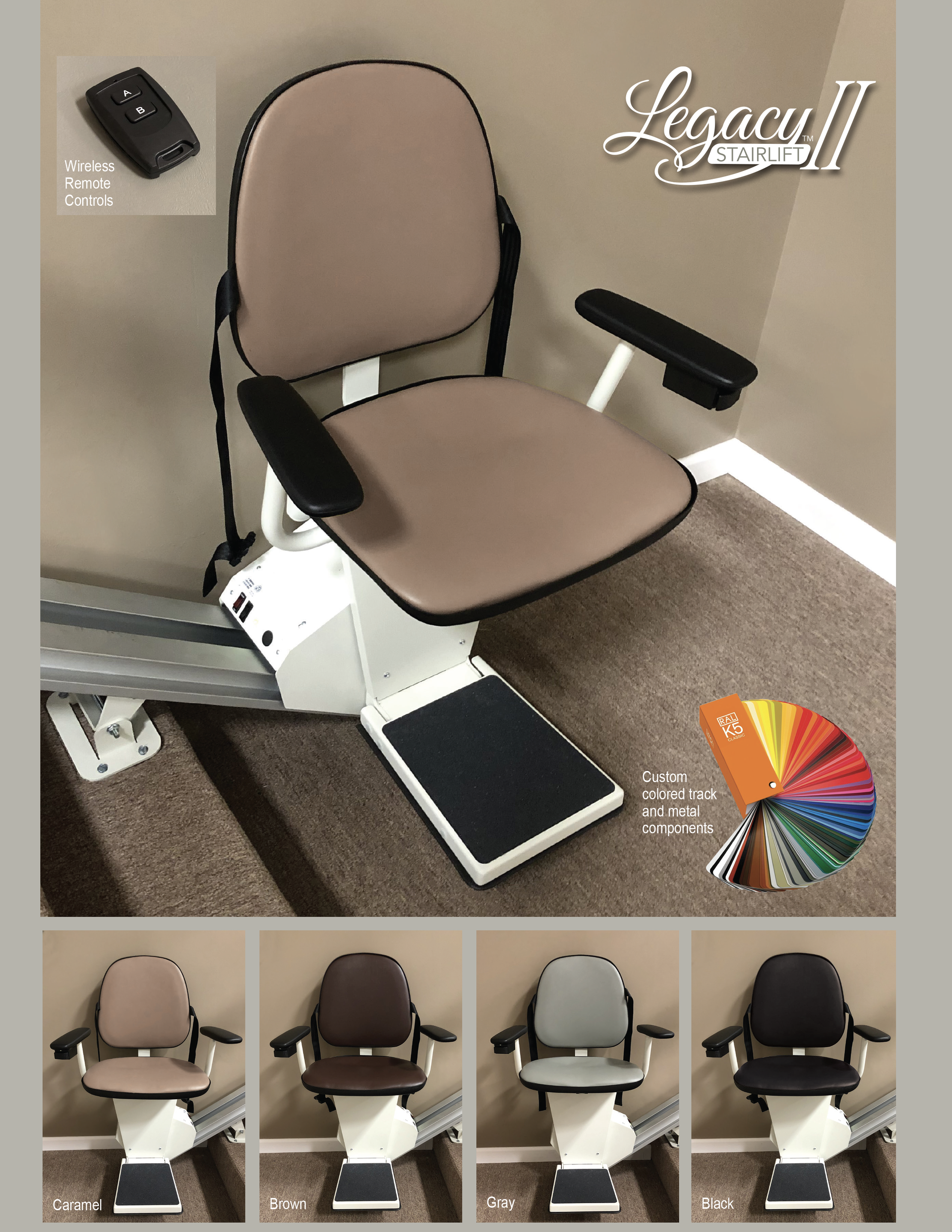Legacy II stair lift with various upholstery color options, a remote control, and a mounted seat on a staircase rail.