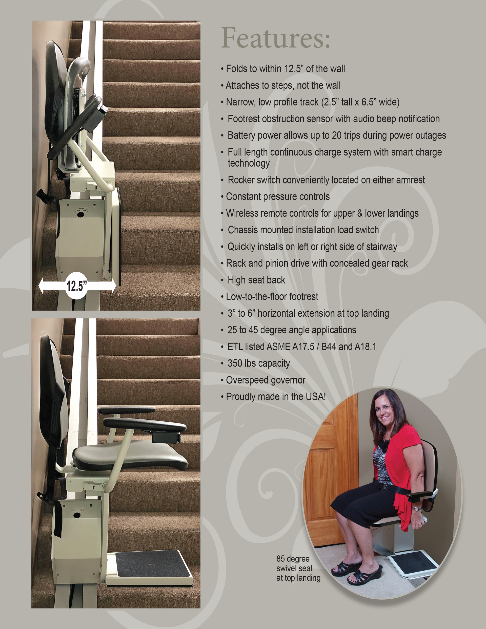 A brochure showcasing a slim, foldable stair lift with a list of features and a person using the seat.
