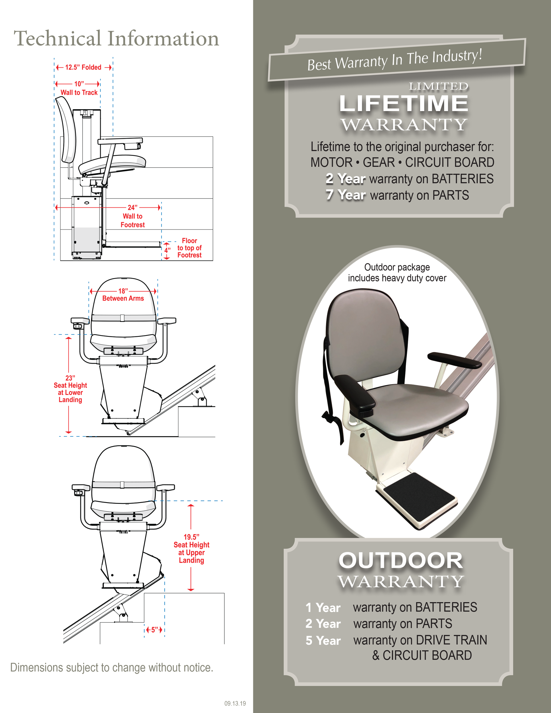 Technical diagram and photo of a stairlift with details on lifetime and outdoor warranty coverage.