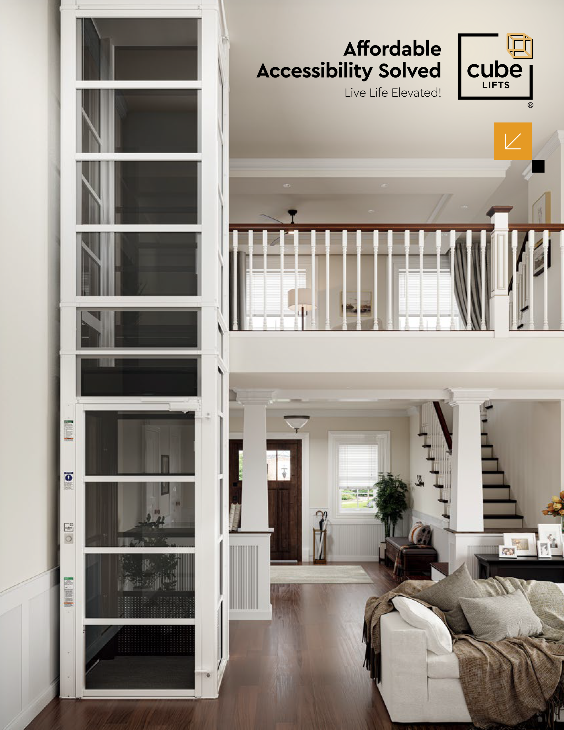 A white, glass-walled residential elevator installed in a bright, modern two-story home interior.