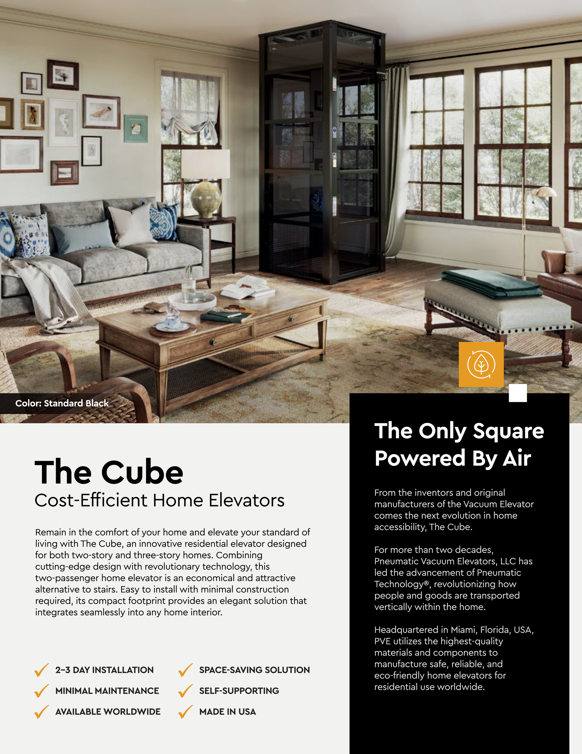A black, square-shaped residential elevator stands in a modern living room, with text describing its air-powered design.