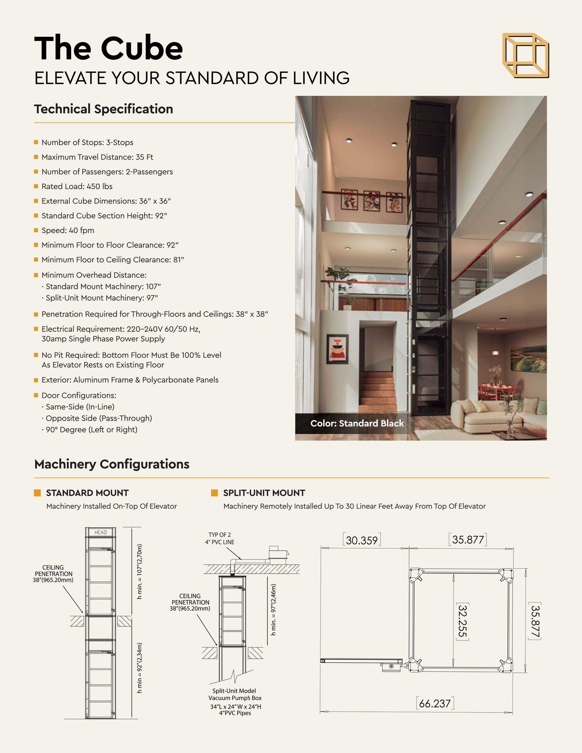 Marketing flyer for The Cube home elevator featuring technical specs, a two-story interior photo, and layout diagrams.