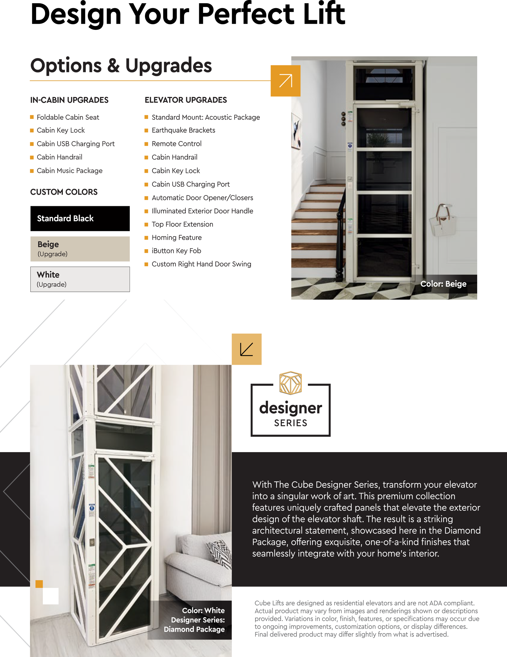 A brochure for home lifts showcasing design options, customization features, and elegant architectural styles.