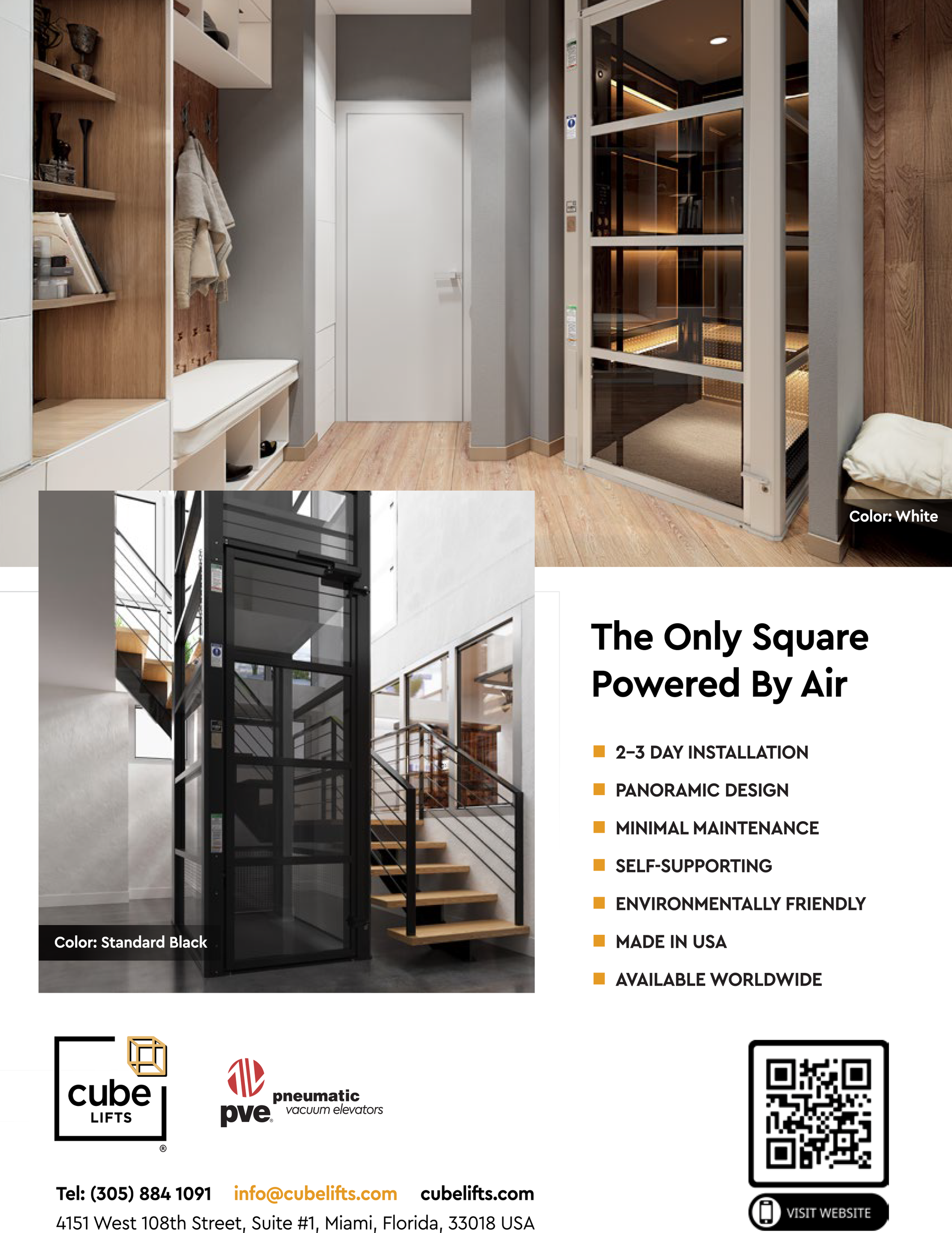 A marketing flyer for Cube vacuum elevators, featuring a home lift, text listing benefits, and a contact QR code.