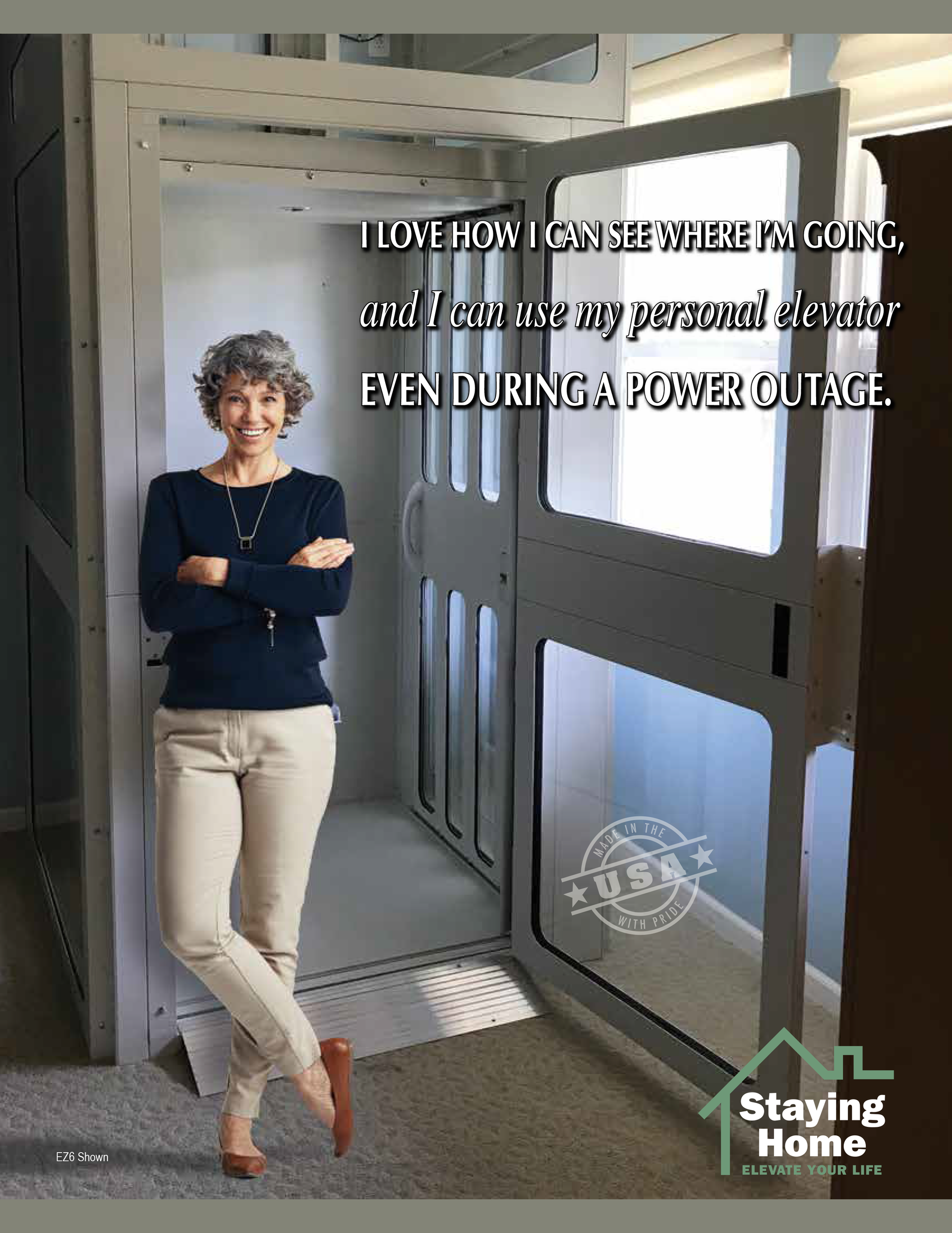 A person stands with arms crossed next to an open, white residential elevator in a home. Text overlay promotes home use.