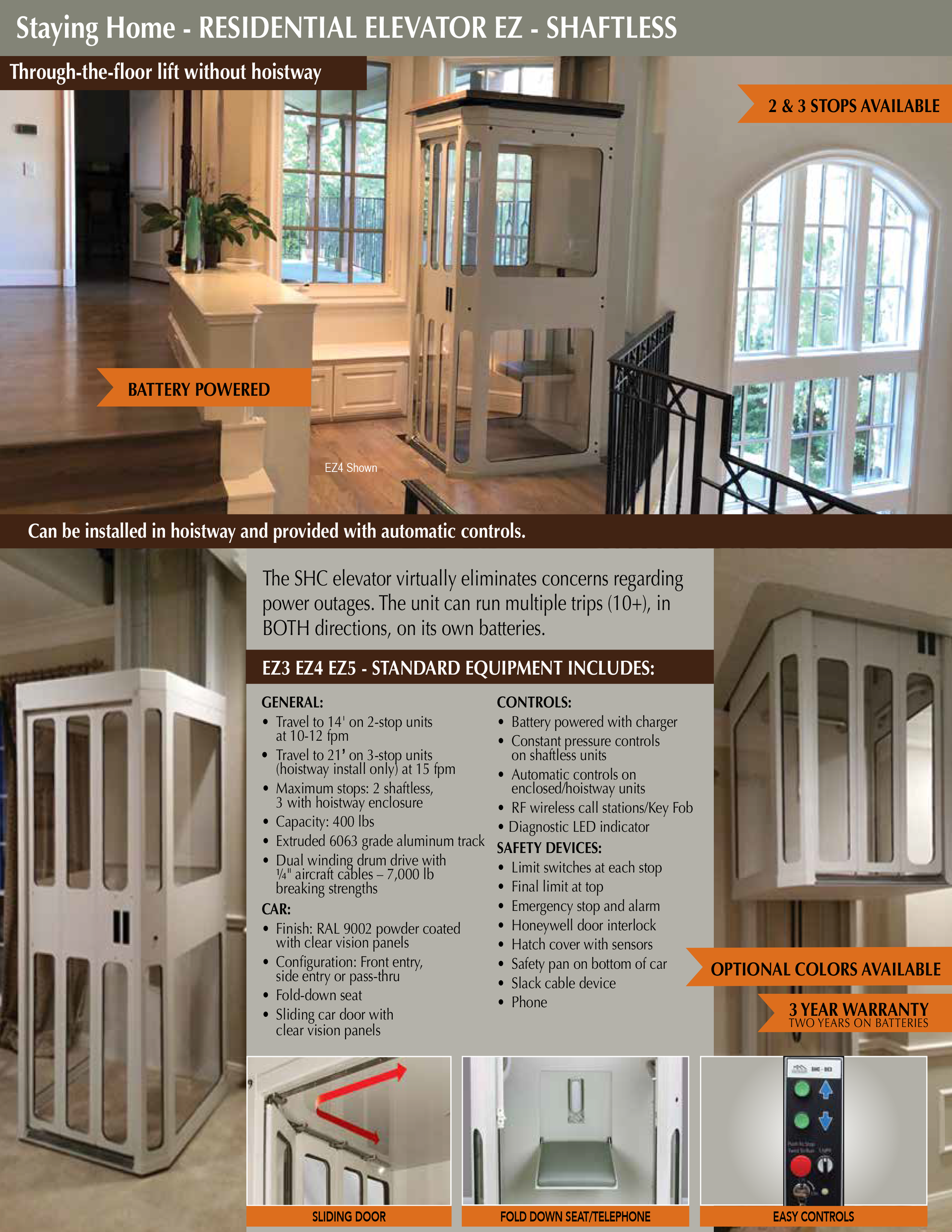 A residential shaftless elevator flyer showing installation photos, product features, and control details in a home.