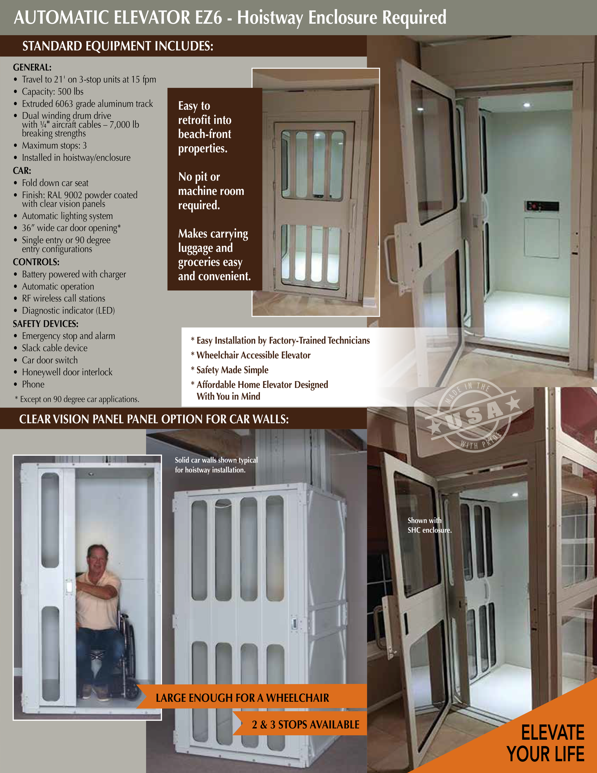 Product brochure showing a white residential elevator model, including specifications and interior photos.