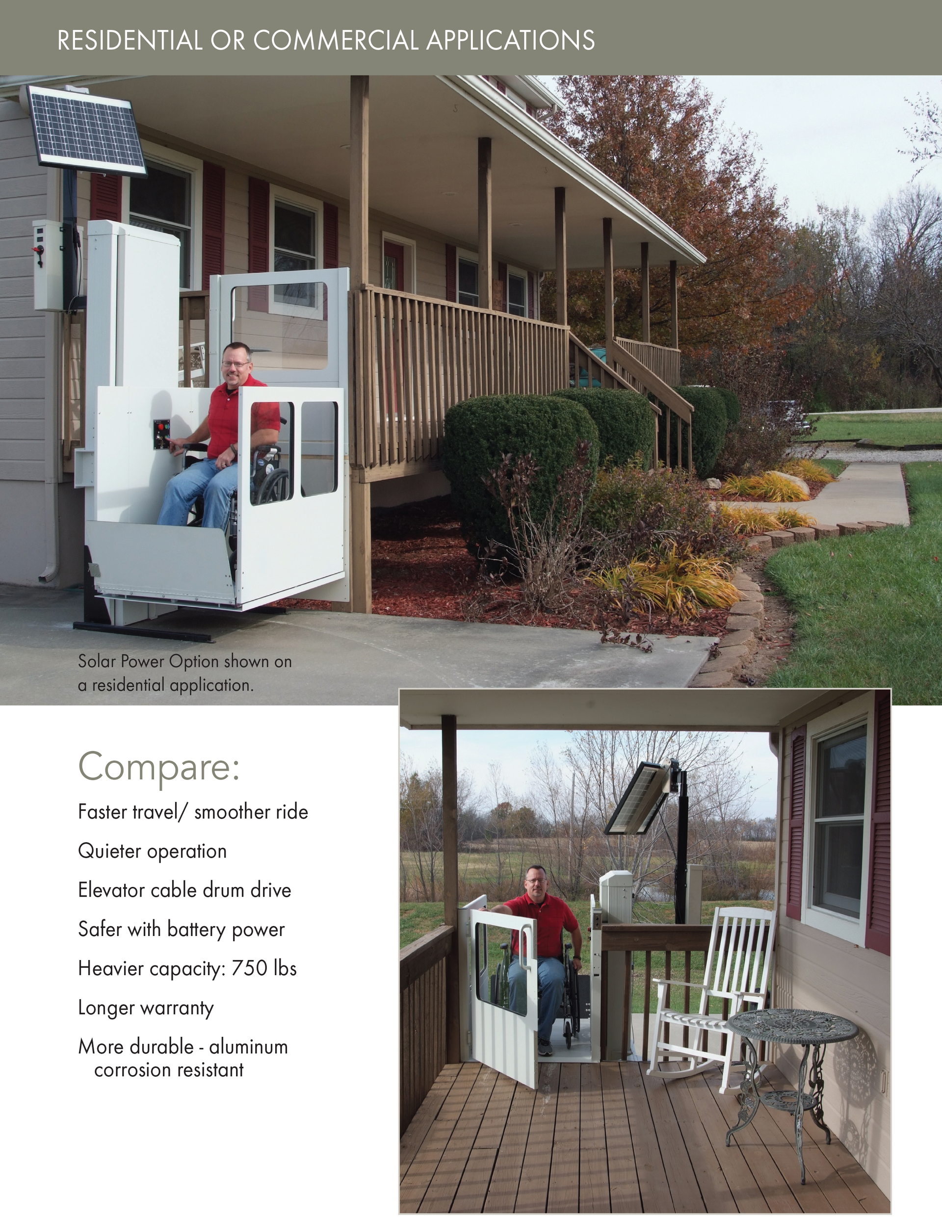 A person uses a residential wheelchair lift to transition between a porch and ground level.