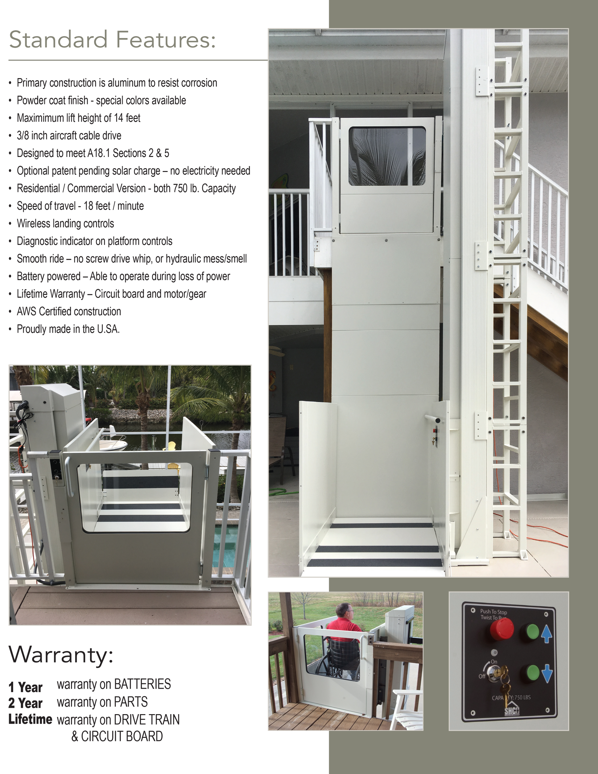 A vertical platform lift for accessibility, showing the lift at different levels, control panel, and warranty information.