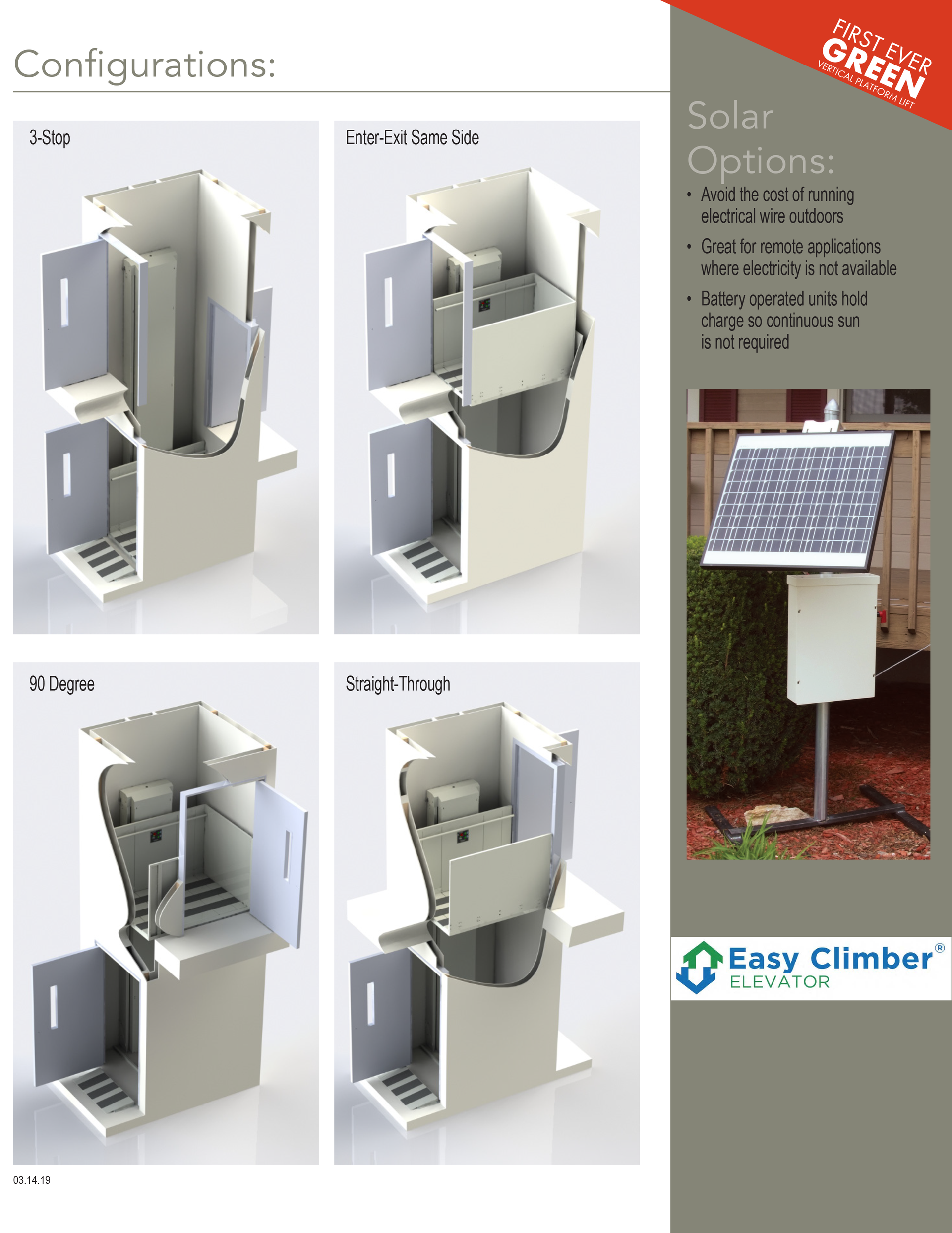 Technical diagram showing four installation configurations for Easy Climber elevator units, with a photo of a solar option.
