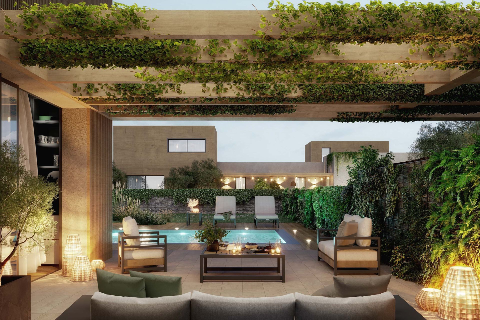 Area lounge all'aperto con piscina, verde e mobili moderni.