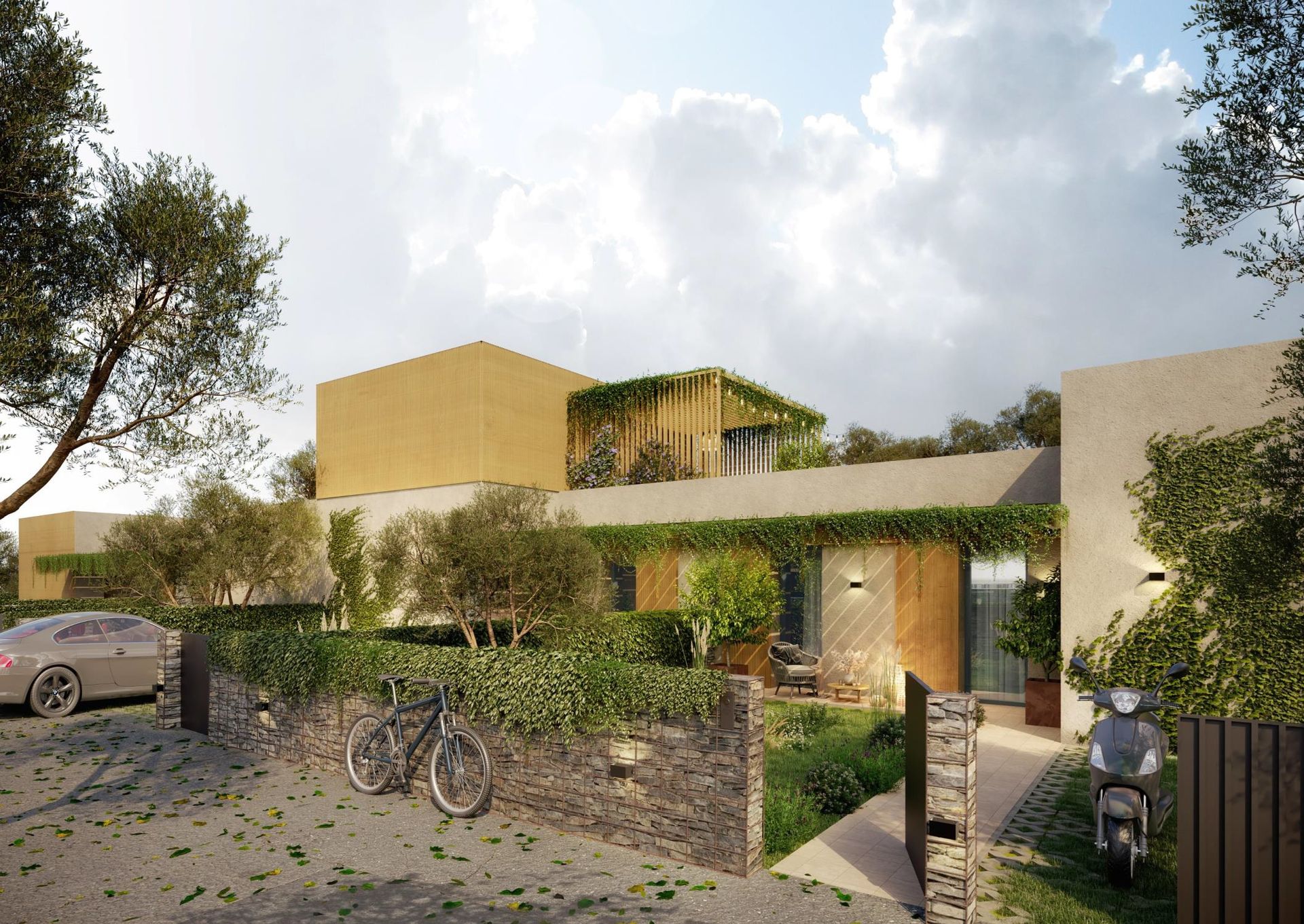 Esterno di un edificio residenziale con vegetazione lussureggiante, auto parcheggiate e una bicicletta.