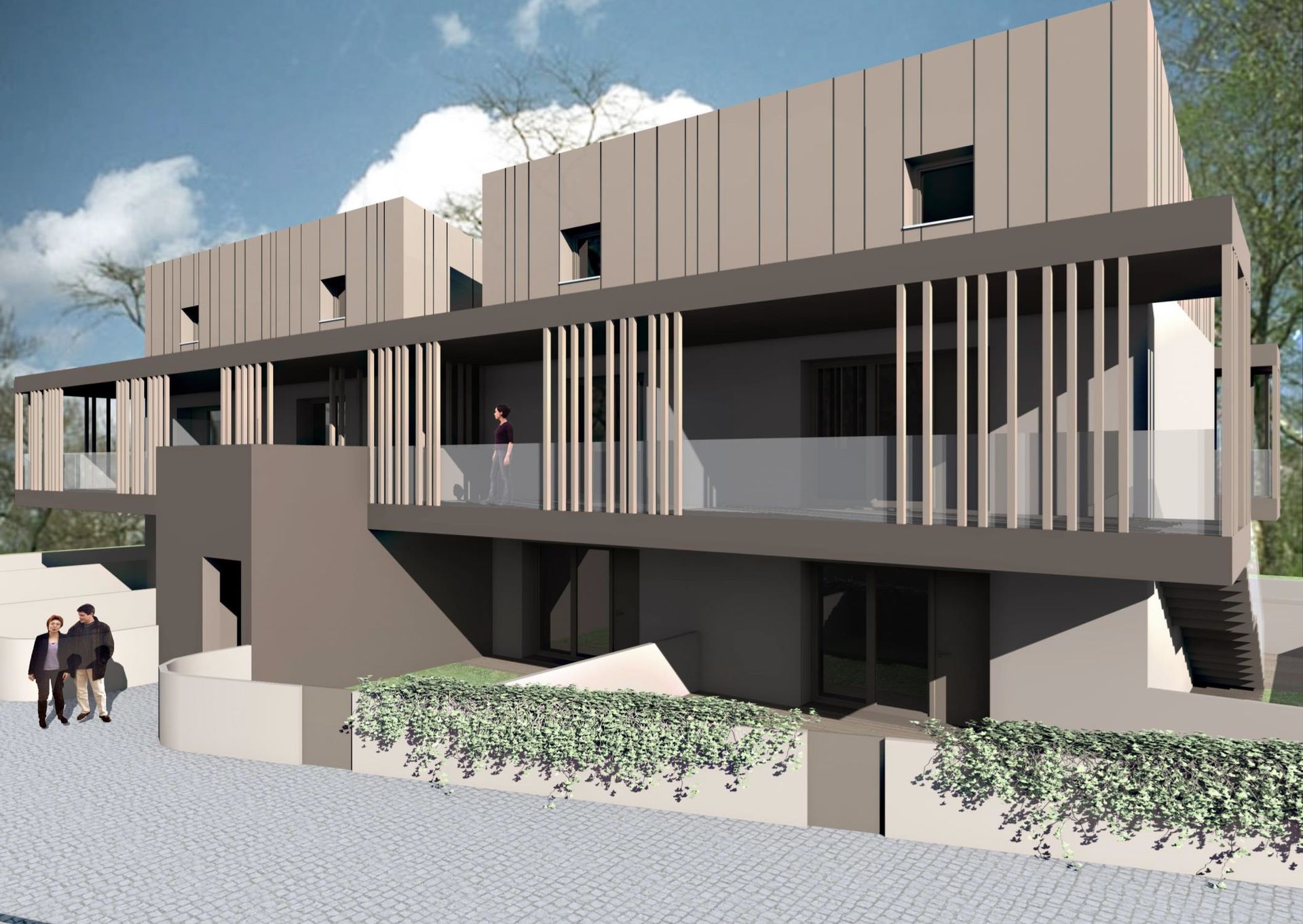 Moderno edificio a più piani con balconi, tonalità di grigio e marrone.