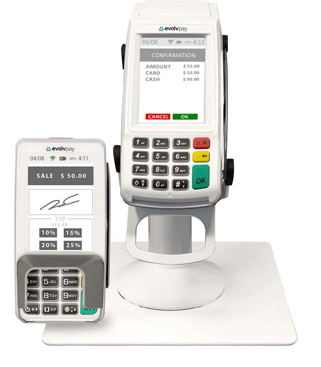 Two credit card machines are sitting next to each other on a stand.