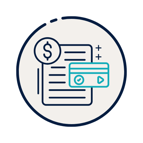A line drawing of a bill , a credit card , and a dollar sign.