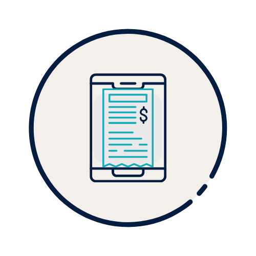 An icon of a cell phone with an invoice on it.