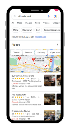 A cell phone is open to a google search for a restaurant.