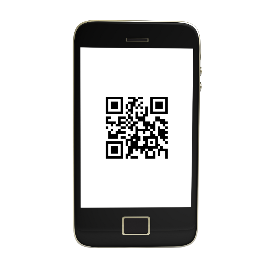 A cell phone with a qr code on the screen.