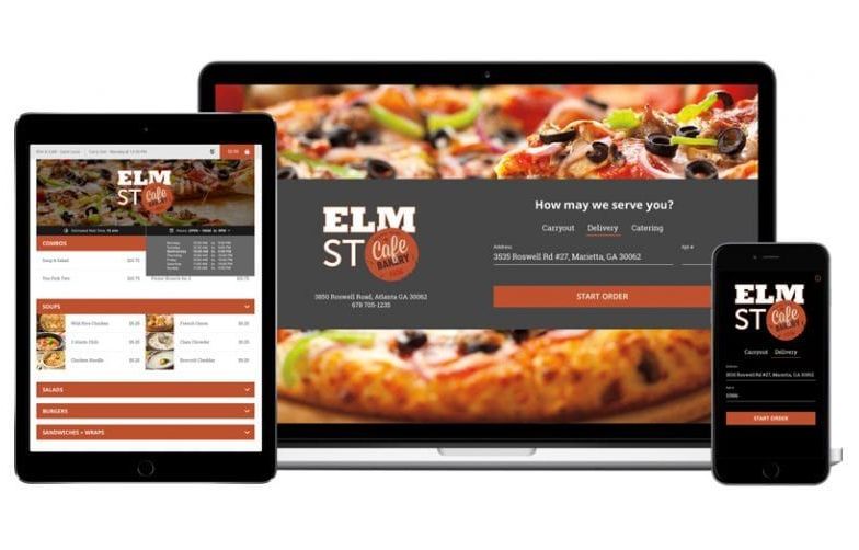 A laptop , tablet , and cell phone with a pizza on the screen.