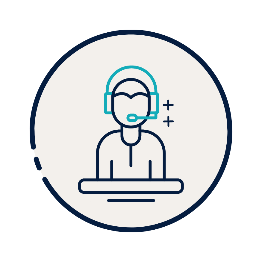 A line drawing of a man wearing headphones and a microphone.