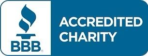 Blue BBB Accredited Charity logo featuring a torch icon and the text