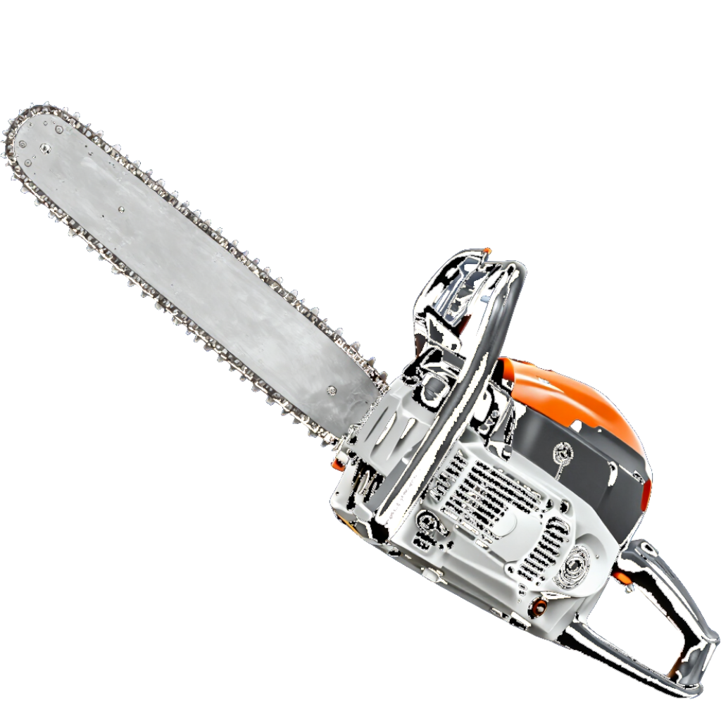 Gas-powered chainsaw with a long silver blade and orange engine on a white background Gas-powered chainsaw with a long silver blade and orange engine on a white background
