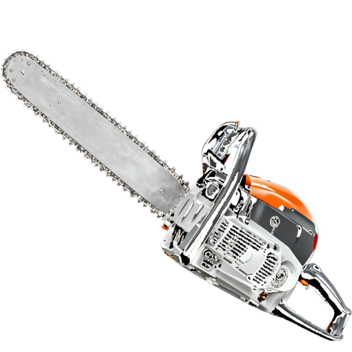 Gas-powered chainsaw with a long silver blade and orange engine on a white background Gas-powered chainsaw with a long silver blade and orange engine on a white background