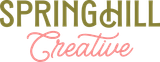 The logo for spring hill creative is green and pink.