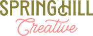 The logo for spring hill creative is green and pink.