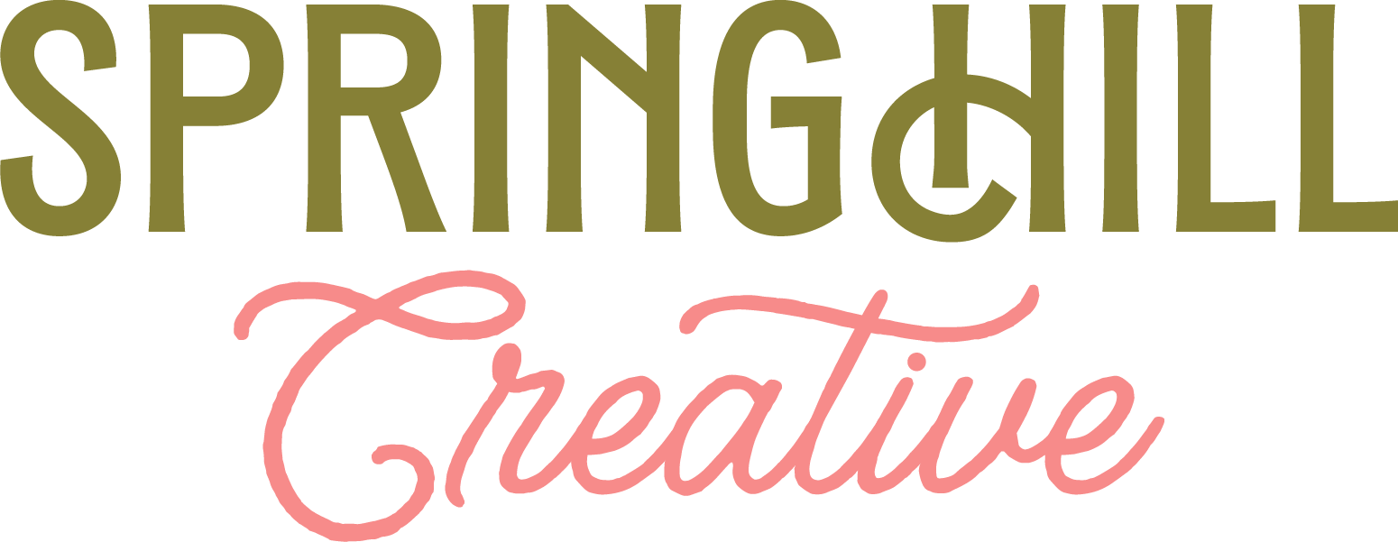 The logo for spring hill creative is green and pink.