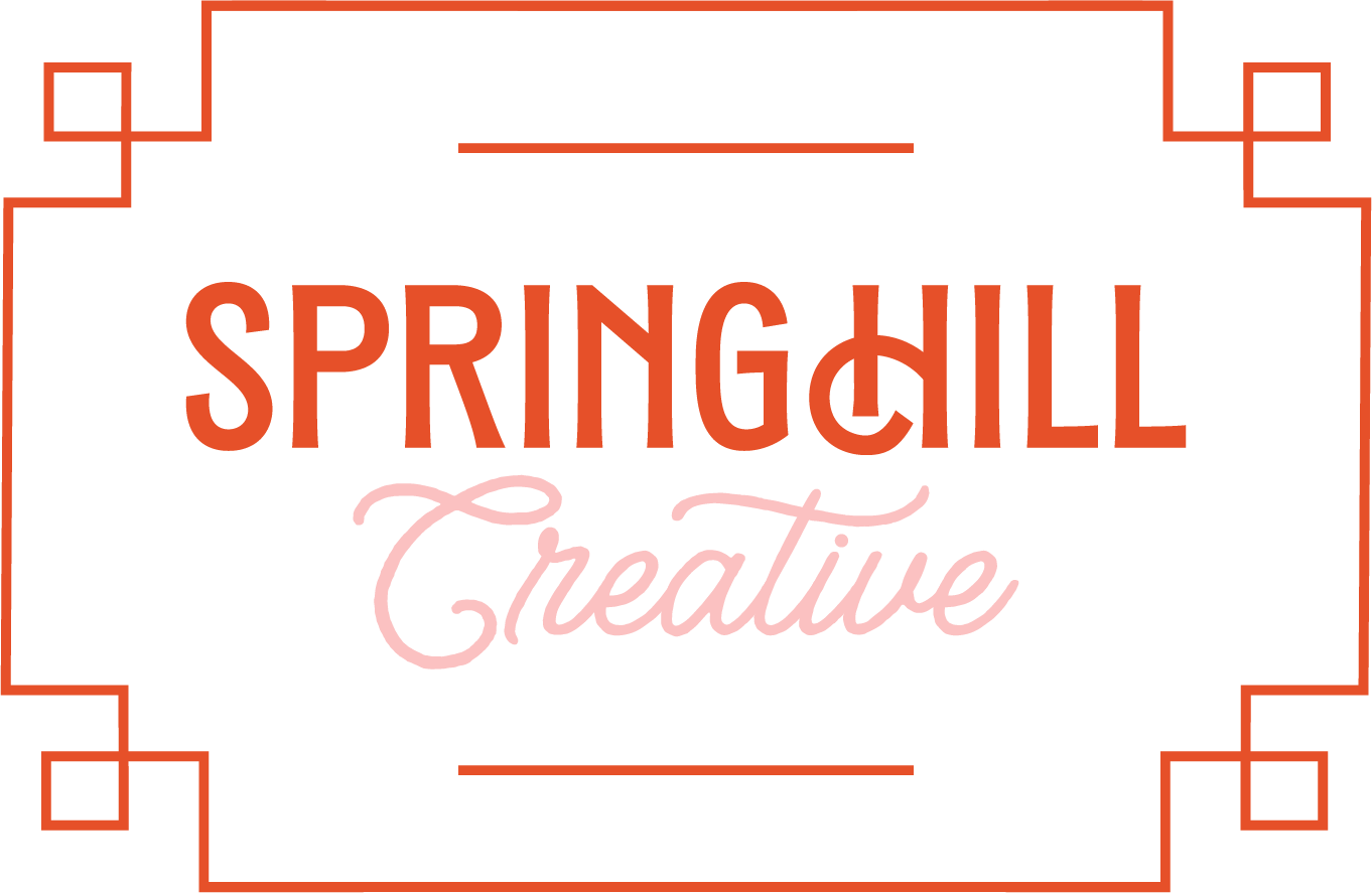 A logo for spring hill creative with a red and pink frame.