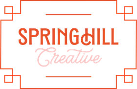 A logo for spring hill creative with a red and pink frame.