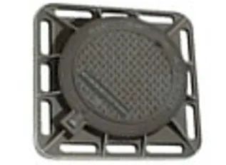 Griglia di ventilazione quadrata nera con copertura rotonda testurizzata al centro.