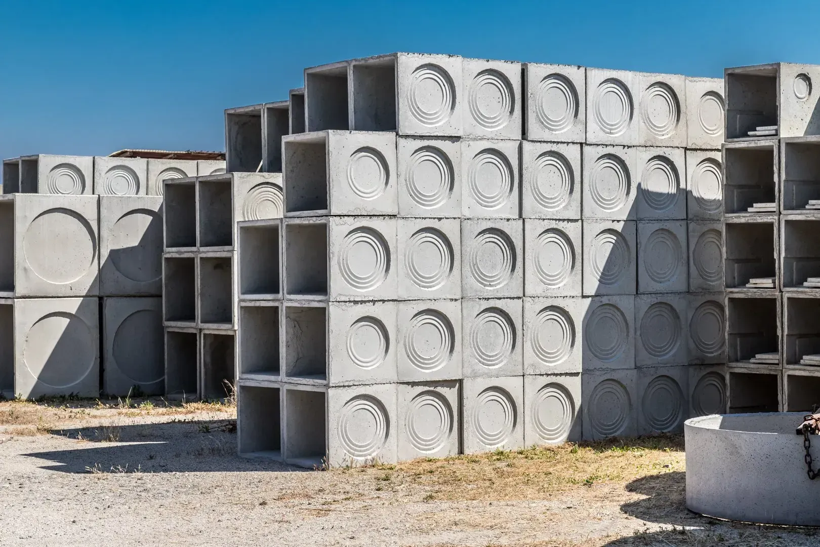 Pile di blocchi di cemento grigio disposti all'aperto in un cantiere edile.