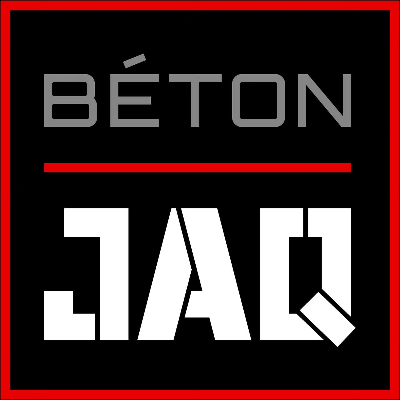 Logo carré noir avec bordure et ligne rouges, texte gris « BÉTON » et lettres stylisées blanches en gras en dessous.