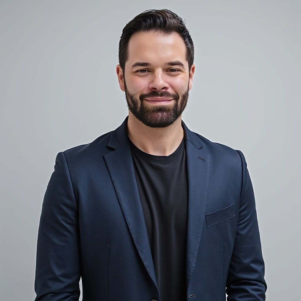 Homme souriant en blazer bleu marine et chemise noire sur fond gris clair
