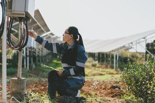 Woman Checking The Solar Panel — Jonesboro, AR — Anderson Engineering Consultants Inc Woman Checking The Solar Panel — Jonesboro, AR — Anderson Engineering Consultants Inc