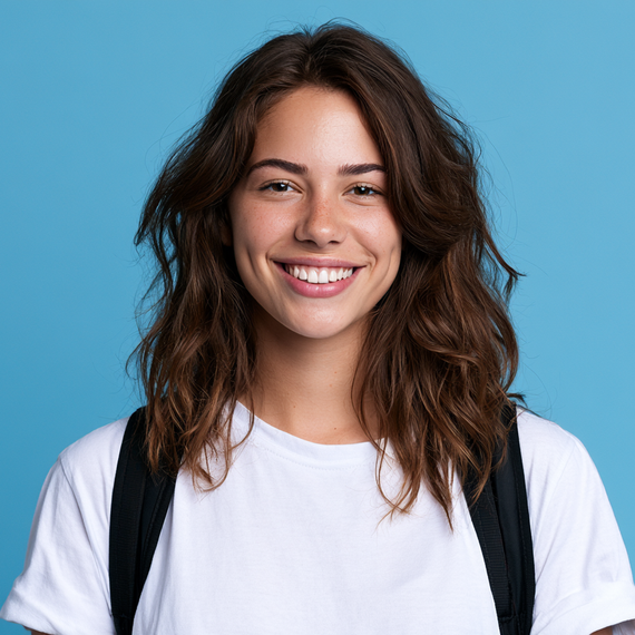 Smiling woman with wavy brown hair wearing a white T-shirt and black backpack on a blue background