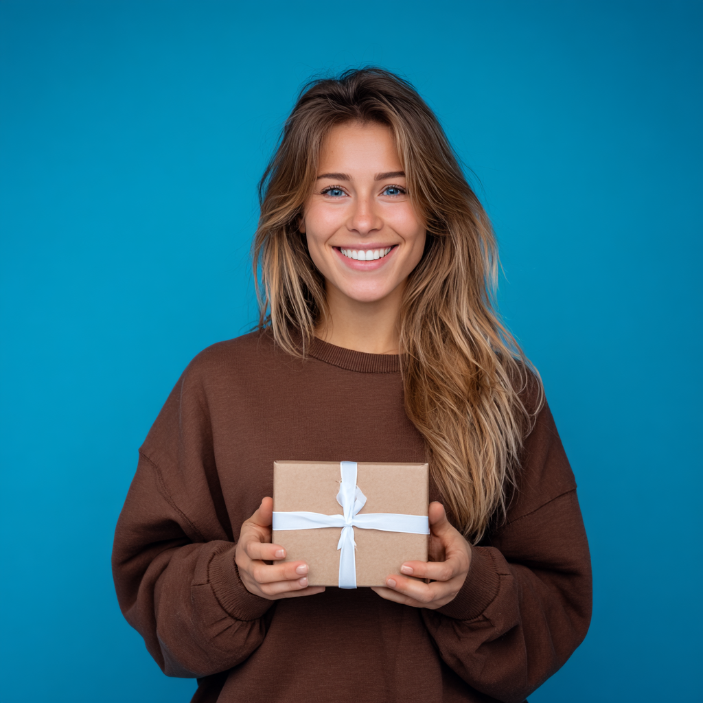 Woman in brown sweater holding a wrapped gift, smiling against blue background.