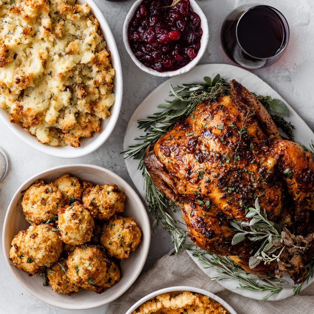 Thanksgiving feast: roasted turkey with sides of stuffing, cranberry sauce, and rolls, along with a glass of wine.