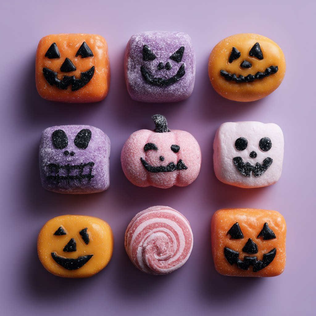 Halloween candies: pumpkin and ghost-shaped with black faces, and a pink swirl candy on a purple background.