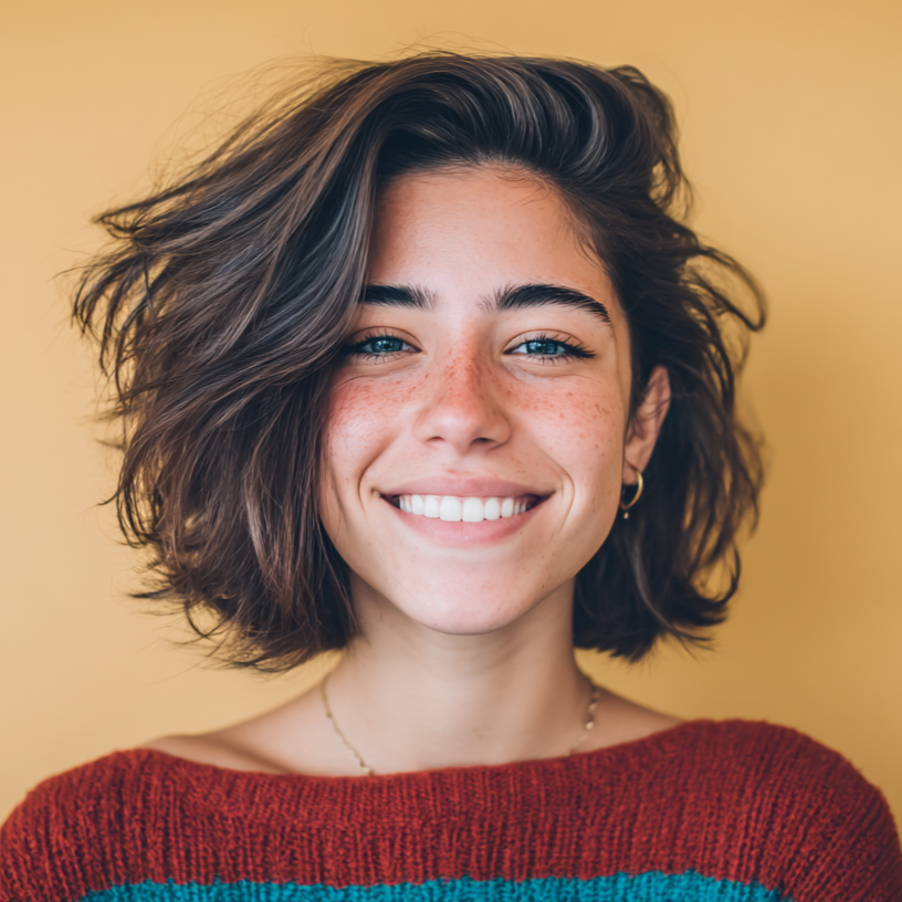 Woman with freckles and short, dark hair, smiling widely in front of a yellow background.