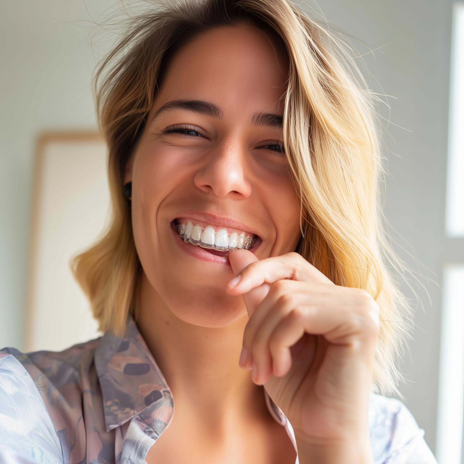 Smiling person flossing teeth in a bright bathroom