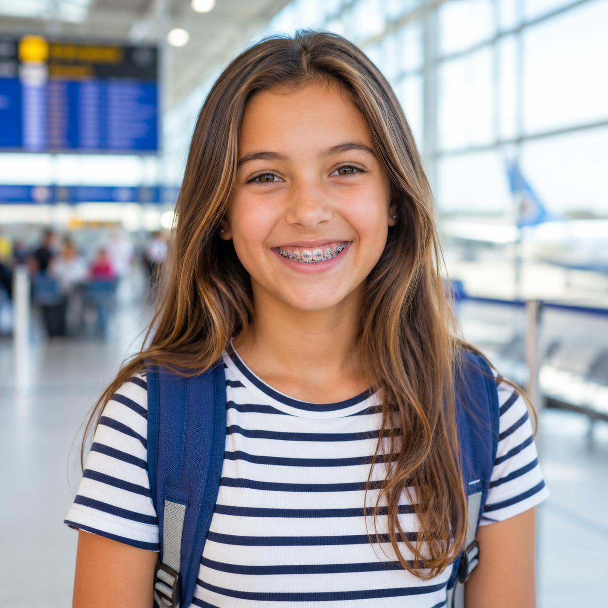 Smiling student with braces and backpack in a bright airport terminal