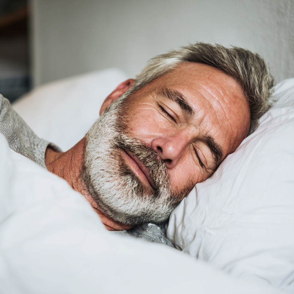 A person with grey hair and a beard sleeping peacefully on a white pillow under a white blanket.