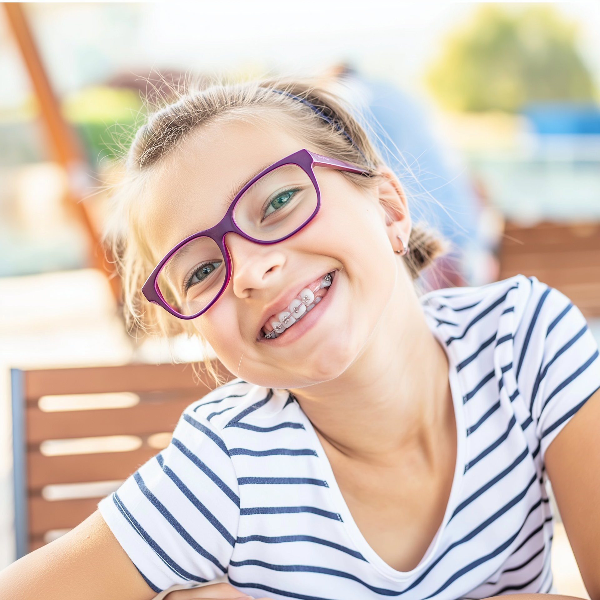 Smiling person with purple glasses and braces in a striped shirt, leaning at an outdoor table.