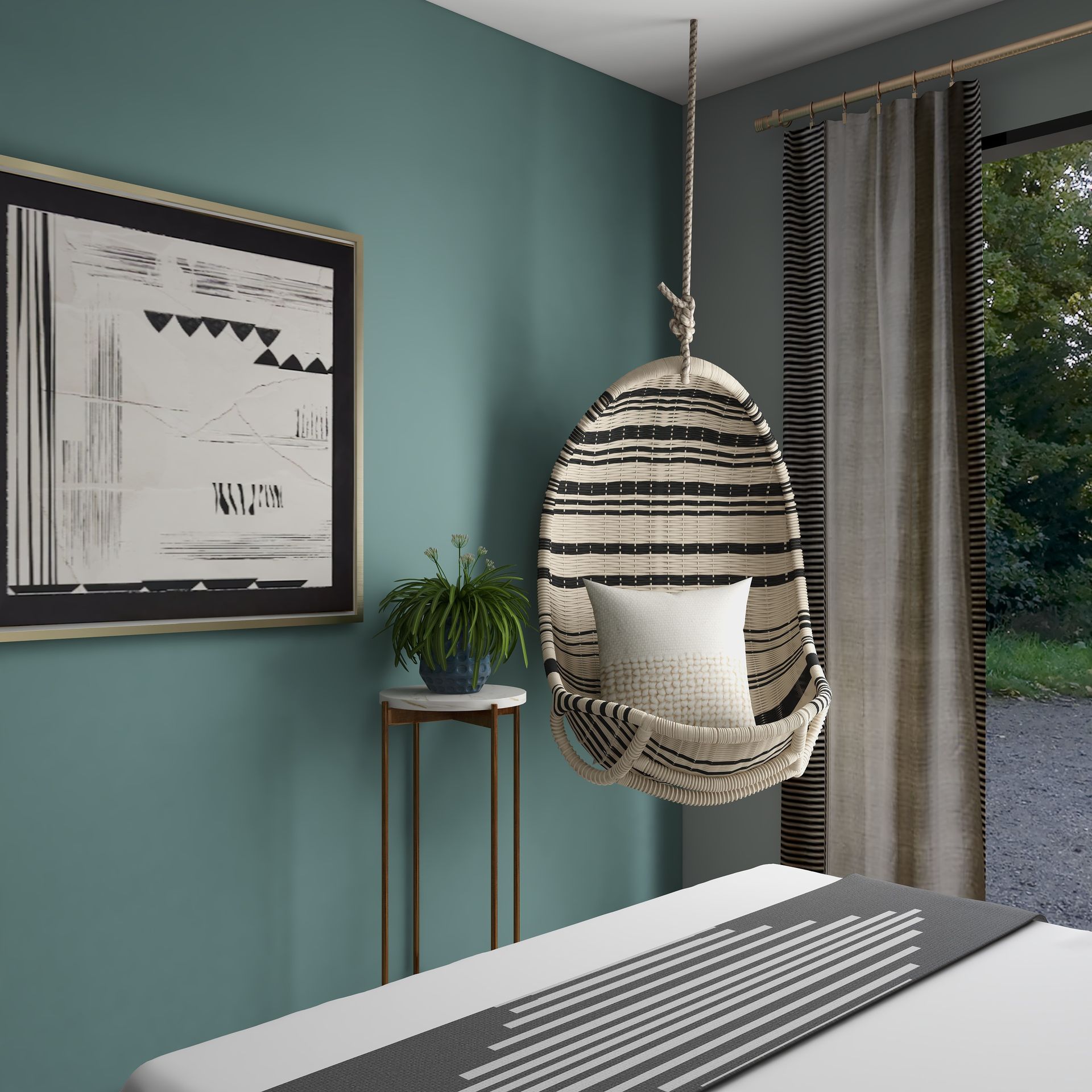 Cozy teal bedroom with hanging egg chair, framed art, potted plant, and bed by a window